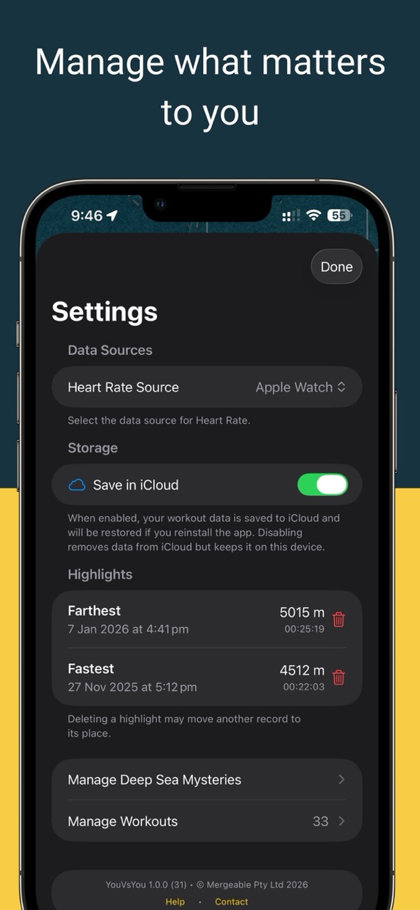 YouVsYou settings — heart rate source, iCloud storage, and fastest and farthest highlights